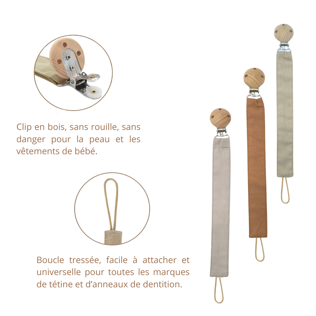 Lot de 3 attaches tétines en tissu et bois naturel