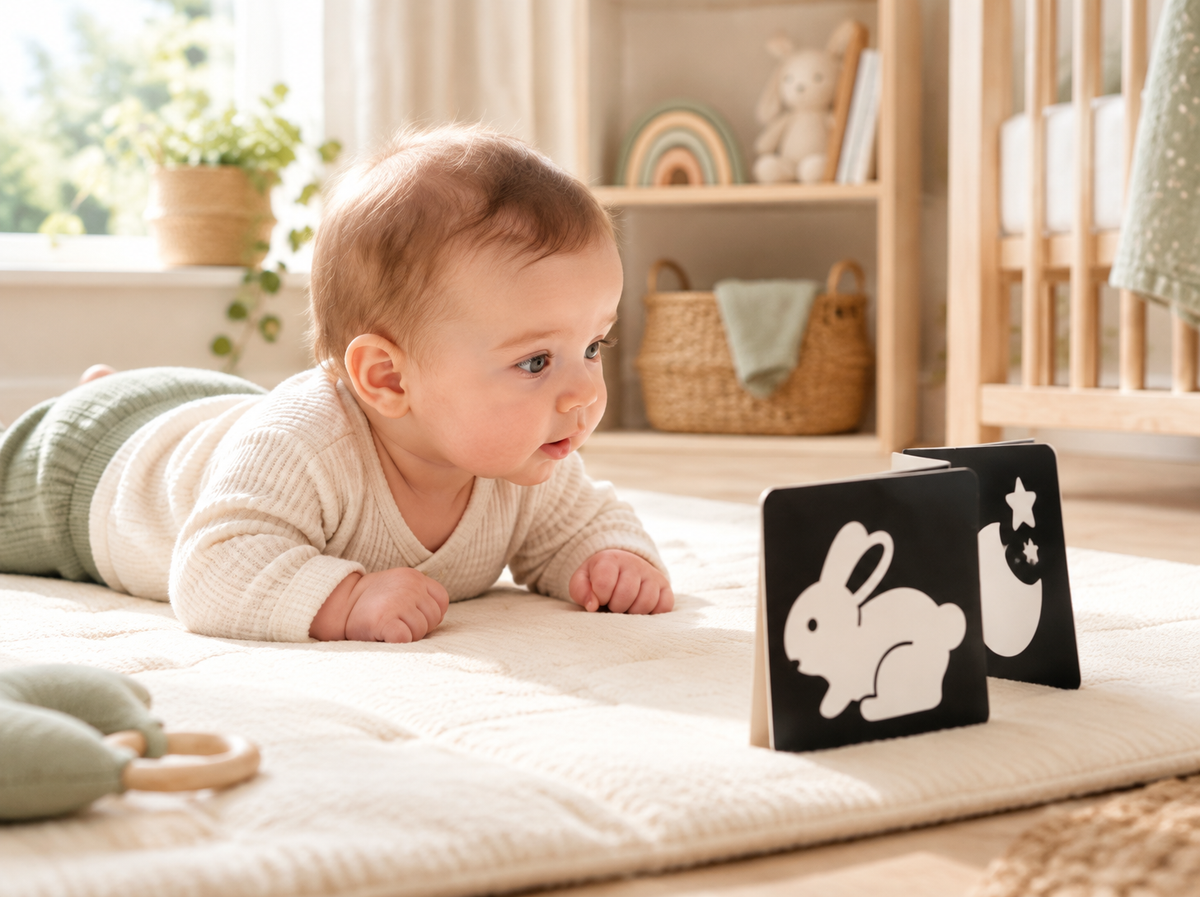 Bébé regardant les cartes Montessori noir et blanc offertes
