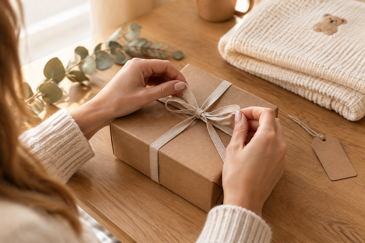 Mains nouant un ruban autour d'un coffret kraft MAY'S KIDS