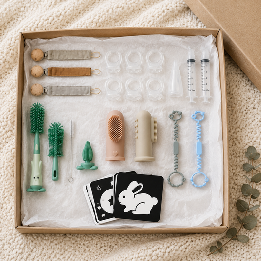 Coffret Naissance MAY'S KIDS ouvert dans sa boîte kraft, vue de dessus