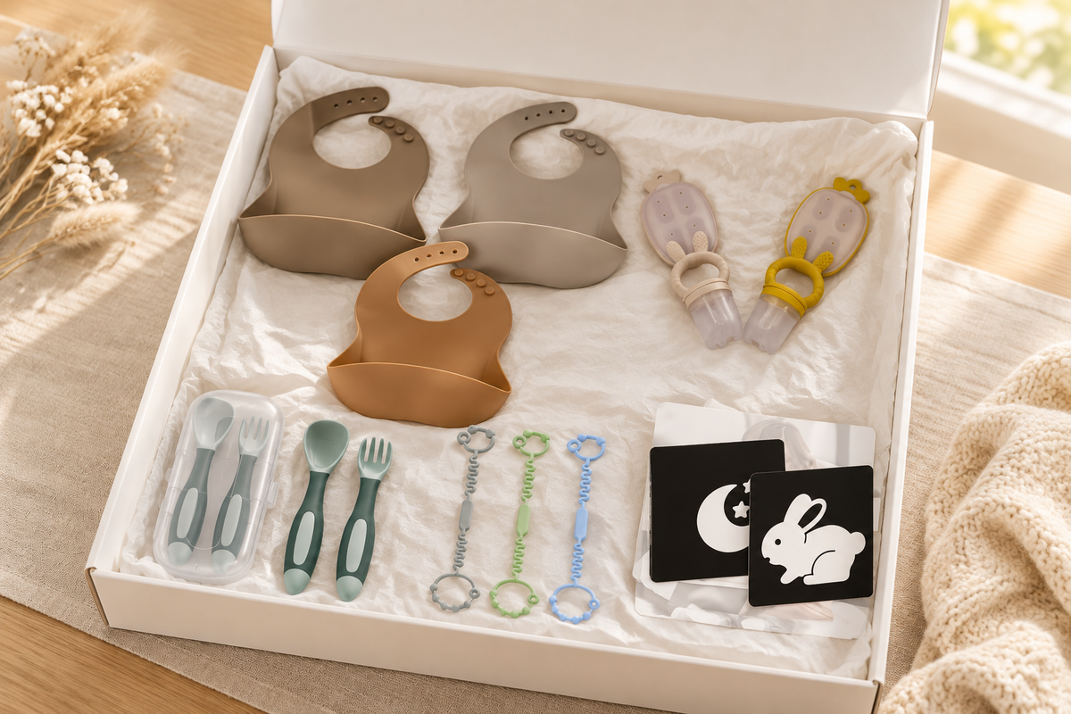 Coffret cadeau MAY'S KIDS Premiers Repas ouvert sur une nappe en lin