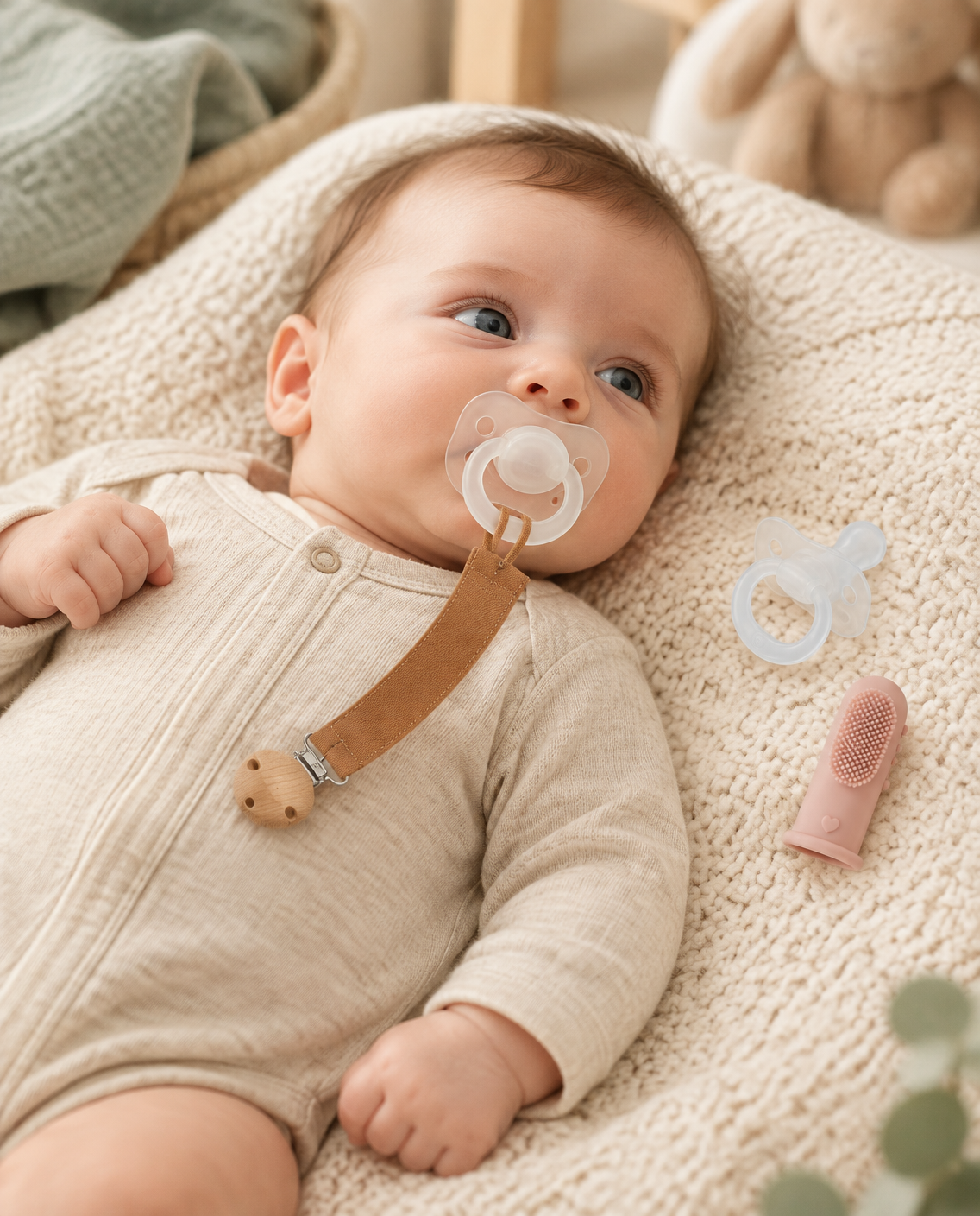 Nouveau-né avec attache-tétine du coffret Naissance